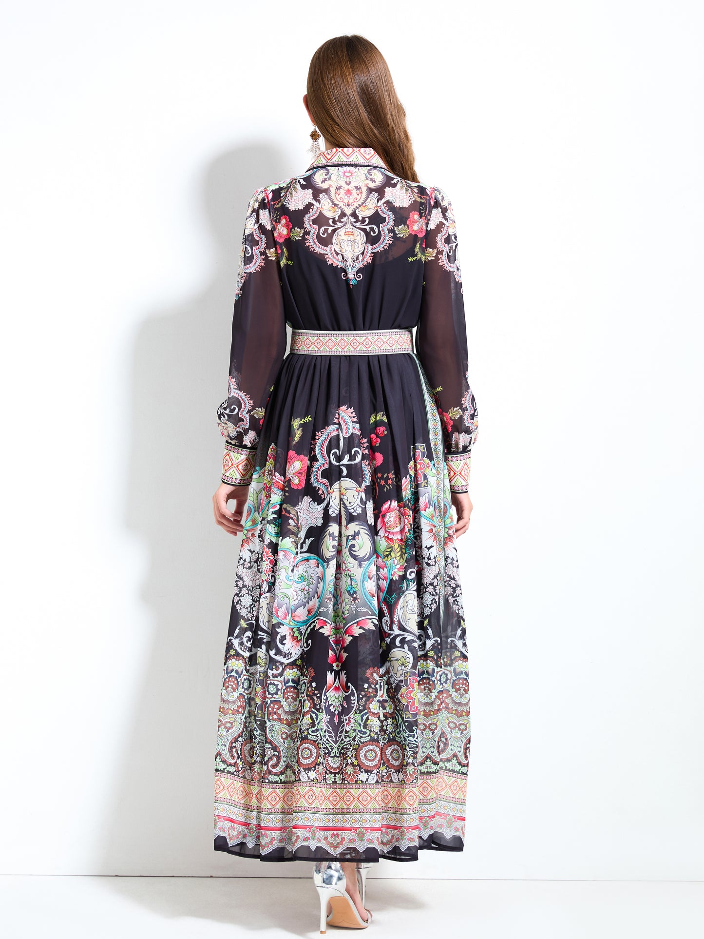 Women's Floral Print Belt Flowy Maxi Dress