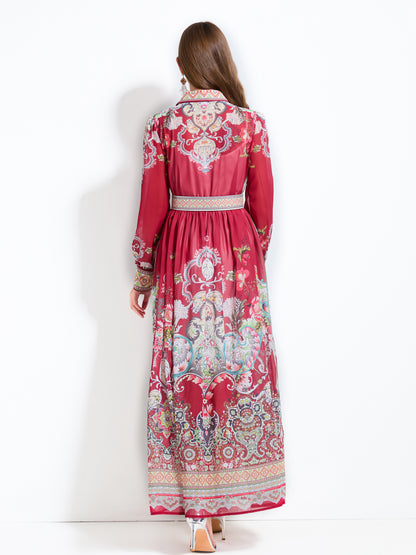 Women's Floral Print Belt Flowy Maxi Dress