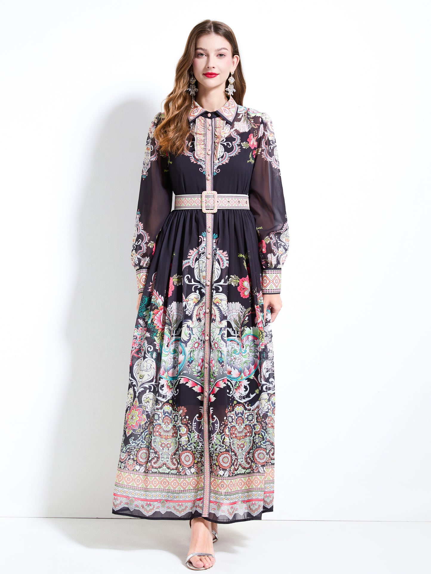 Women's Floral Print Belt Flowy Maxi Dress