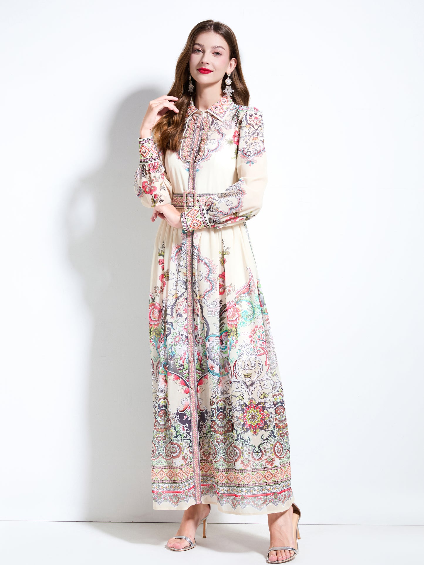 Women's Floral Print Belt Flowy Maxi Dress