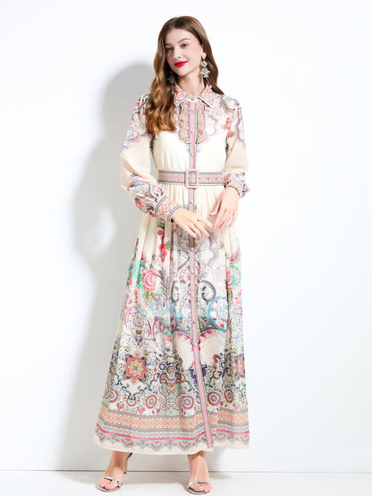 Women's Floral Print Belt Flowy Maxi Dress