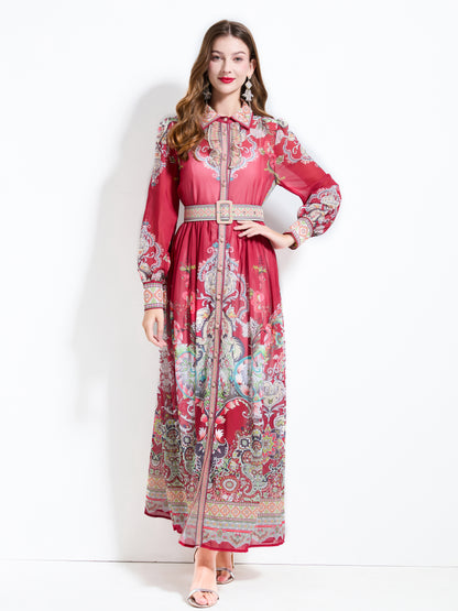 Women's Floral Print Belt Flowy Maxi Dress