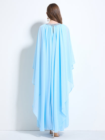 Women's Sleeveless Cape Chiffon Ruffles Maxi Dress