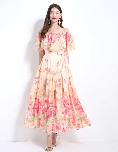 Off The Shoulder Floral Flowy Tied Maxi Dress