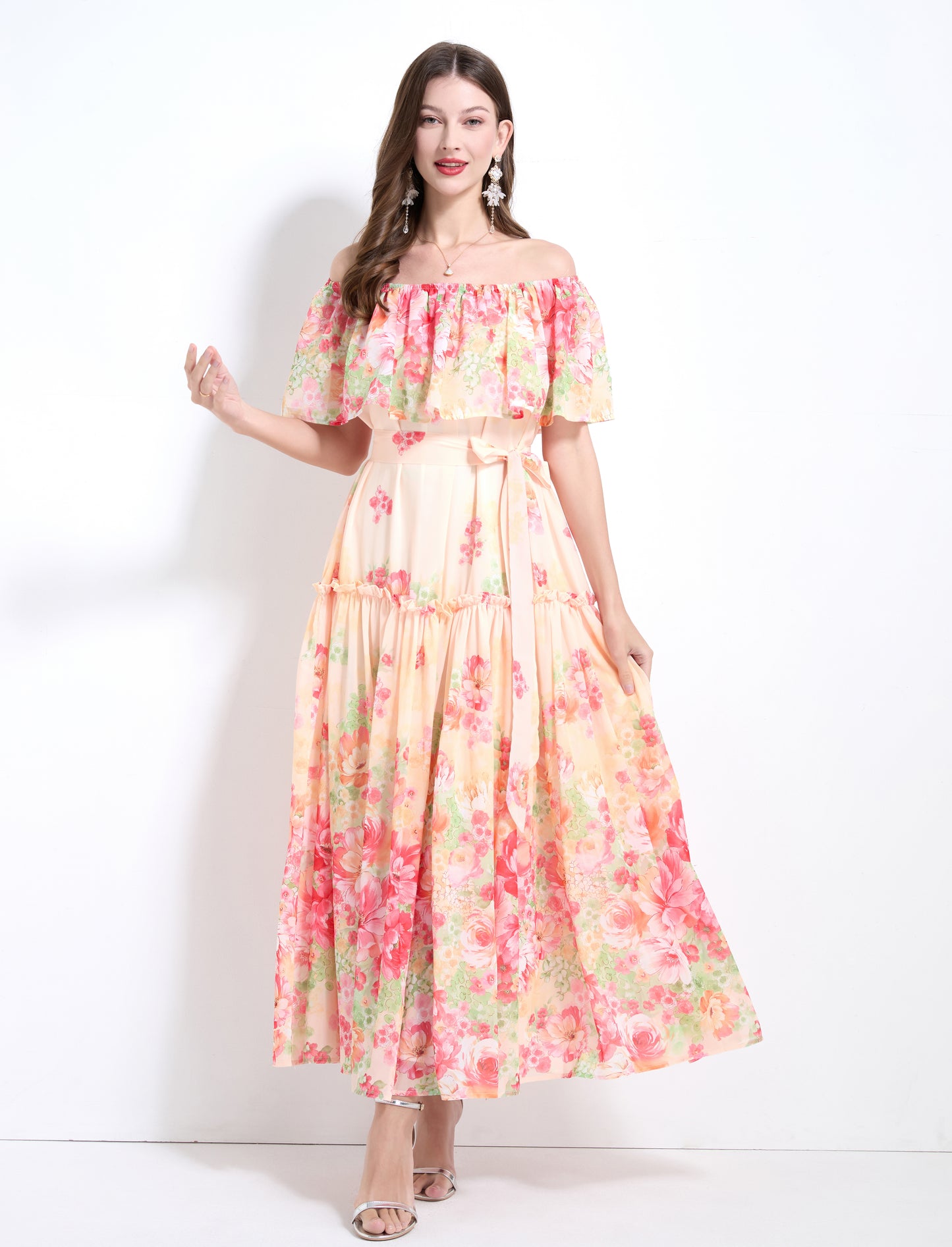 Off The Shoulder Floral Flowy Tied Maxi Dress