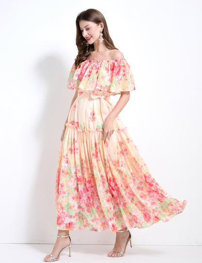 Off The Shoulder Floral Flowy Tied Maxi Dress