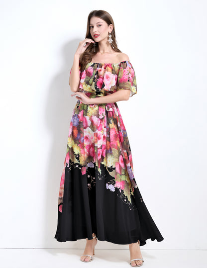 Off The Shoulder Floral Flowy Tied Maxi Dress