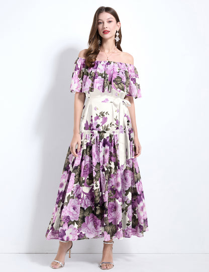 Off The Shoulder Floral Flowy Tied Maxi Dress