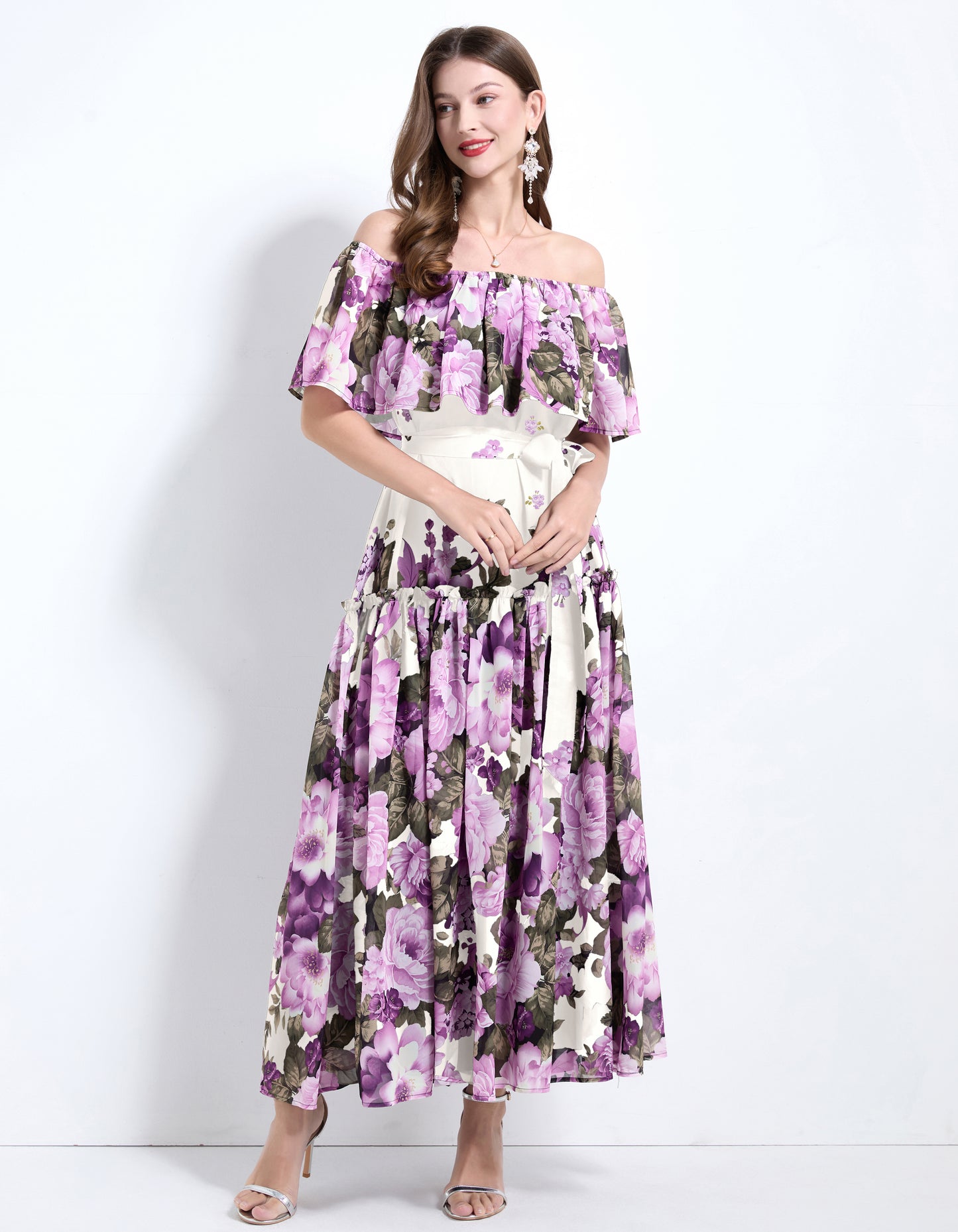 Off The Shoulder Floral Flowy Tied Maxi Dress