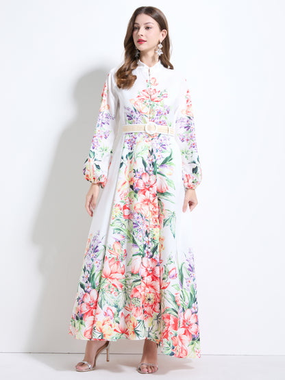 Women's Floral Print Puff Sleeve Button Up Split Maxi Dress