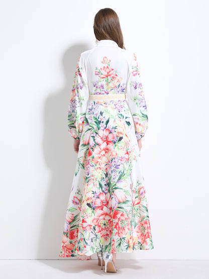 Women's Floral Print Puff Sleeve Button Up Split Maxi Dress