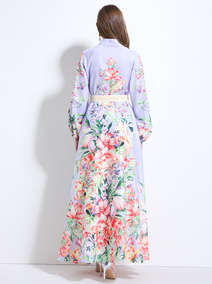 Women's Floral Print Puff Sleeve Button Up Split Maxi Dress