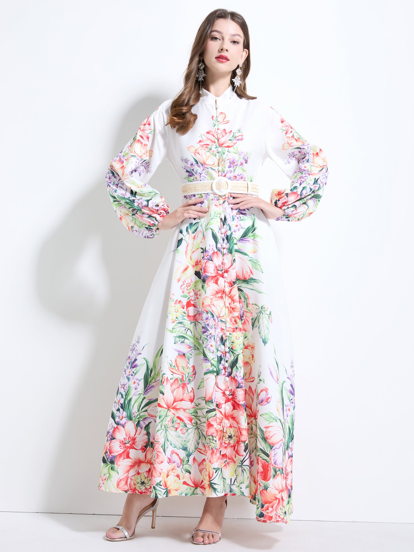 Women's Floral Print Puff Sleeve Button Up Split Maxi Dress