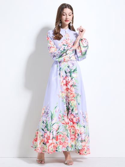 Women's Floral Print Puff Sleeve Button Up Split Maxi Dress