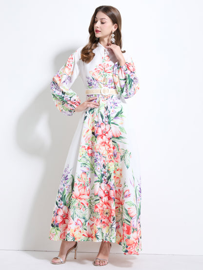 Women's Floral Print Puff Sleeve Button Up Split Maxi Dress