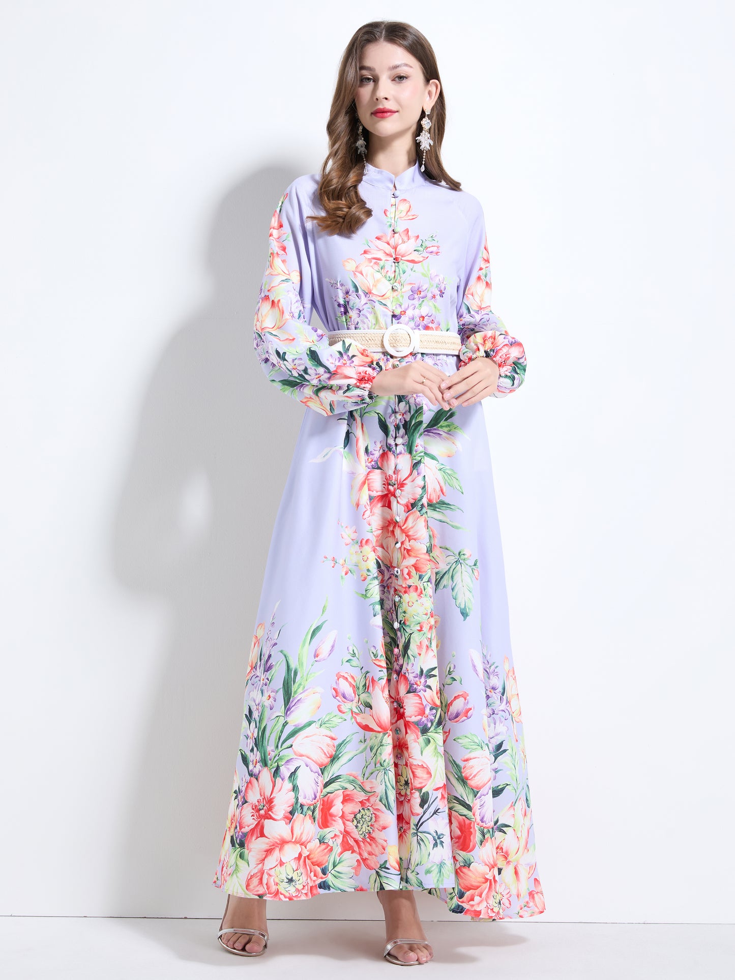 Women's Floral Print Puff Sleeve Button Up Split Maxi Dress