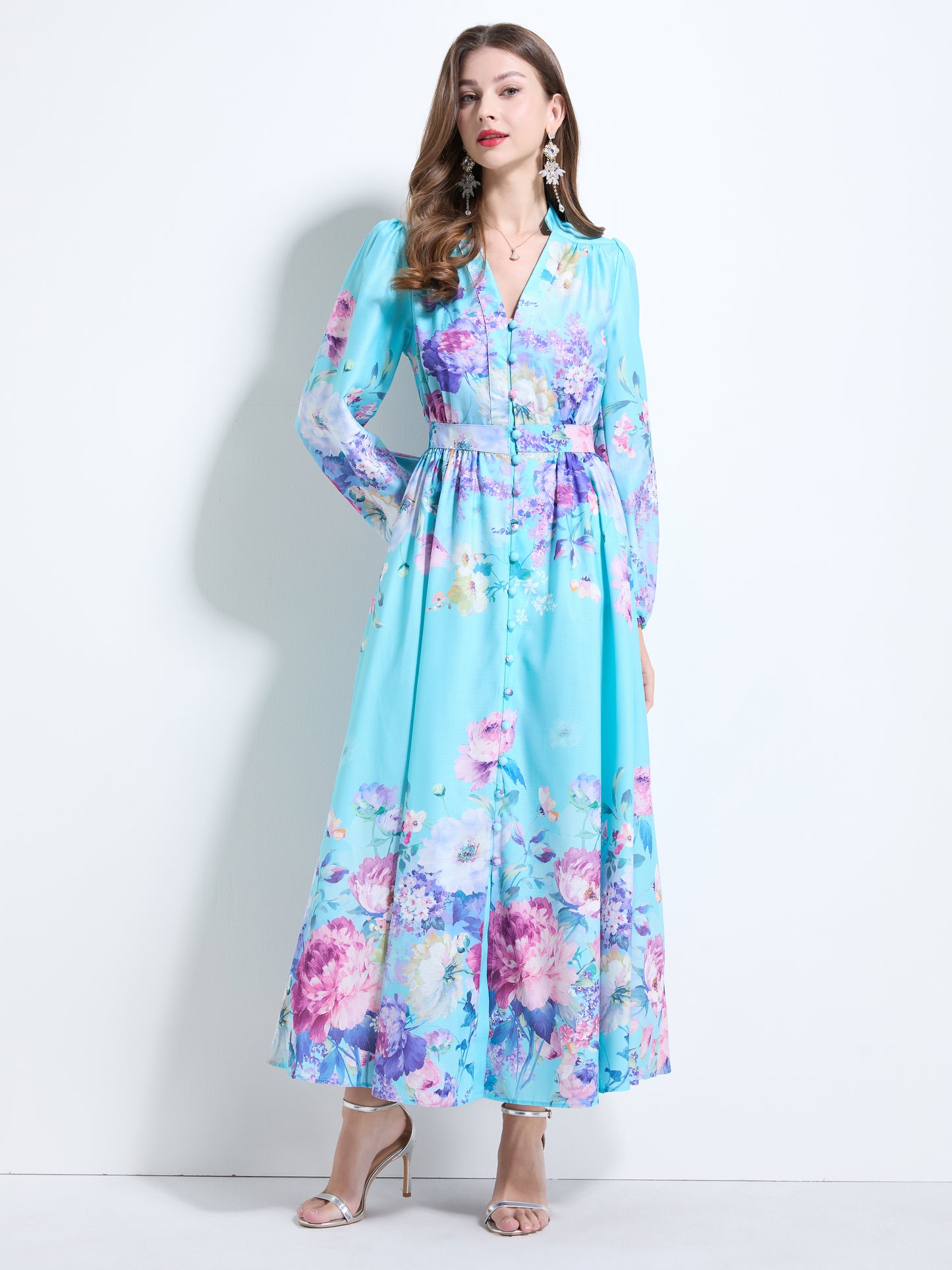 Women's Floral Print V-Neck Button up Slit Maxi Dress