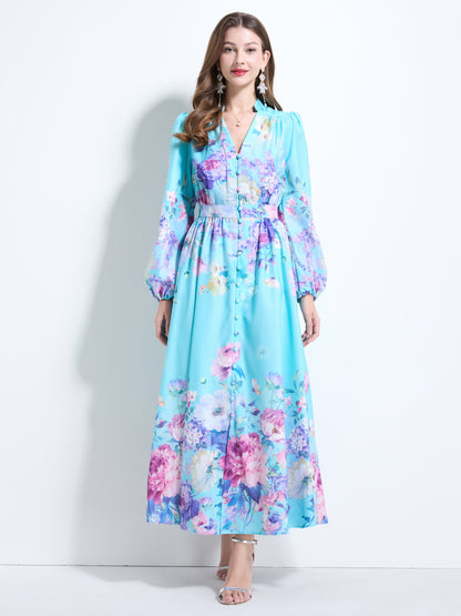 Women's Floral Print V-Neck Button up Slit Maxi Dress