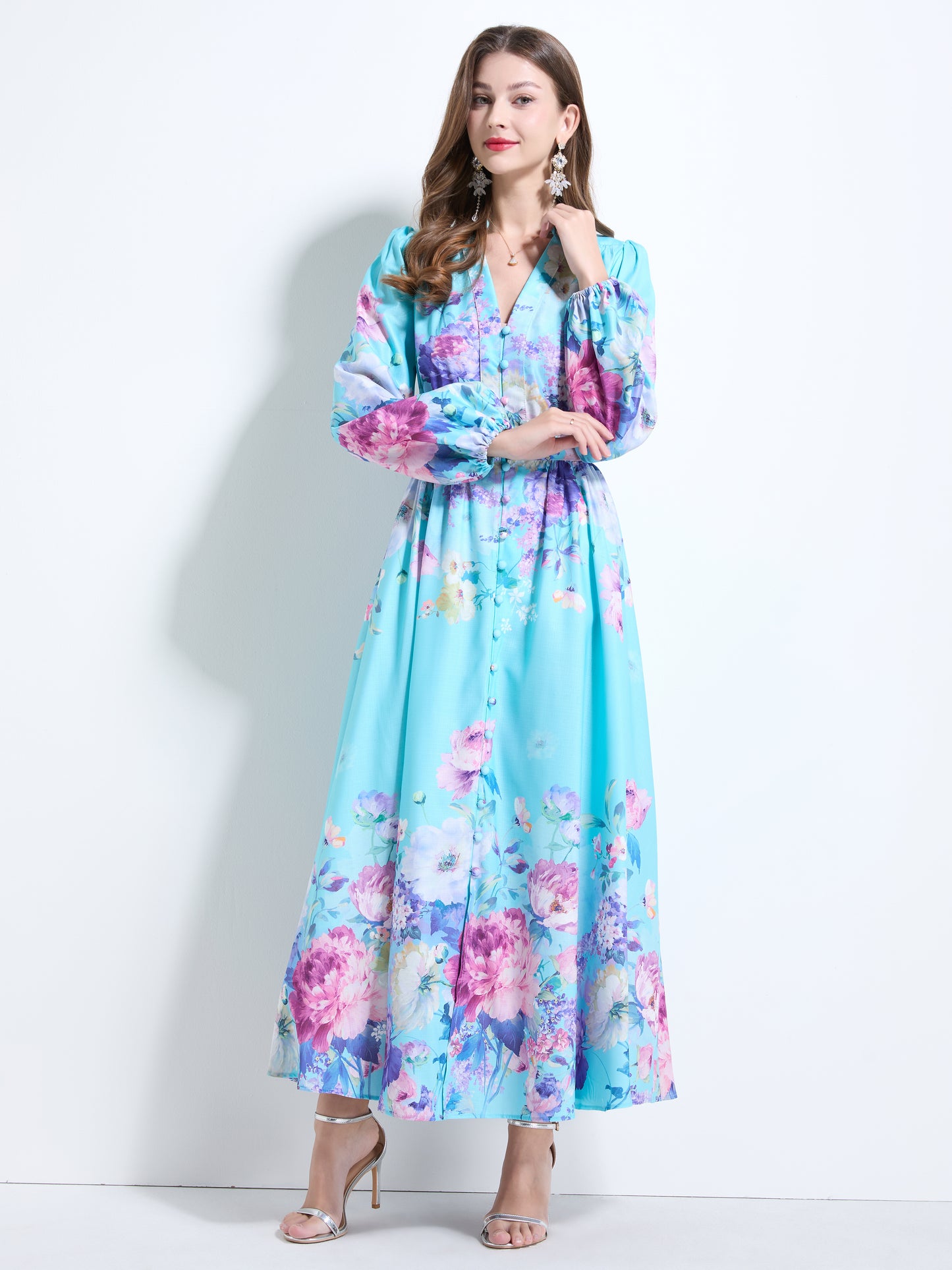 Women's Floral Print V-Neck Button up Slit Maxi Dress