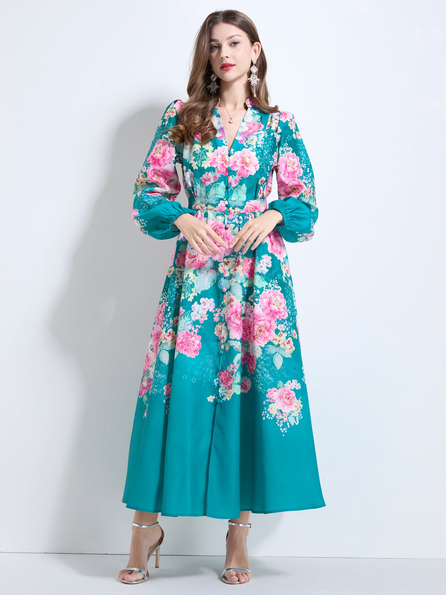 Women's Floral Print V-Neck Button up Slit Maxi Dress