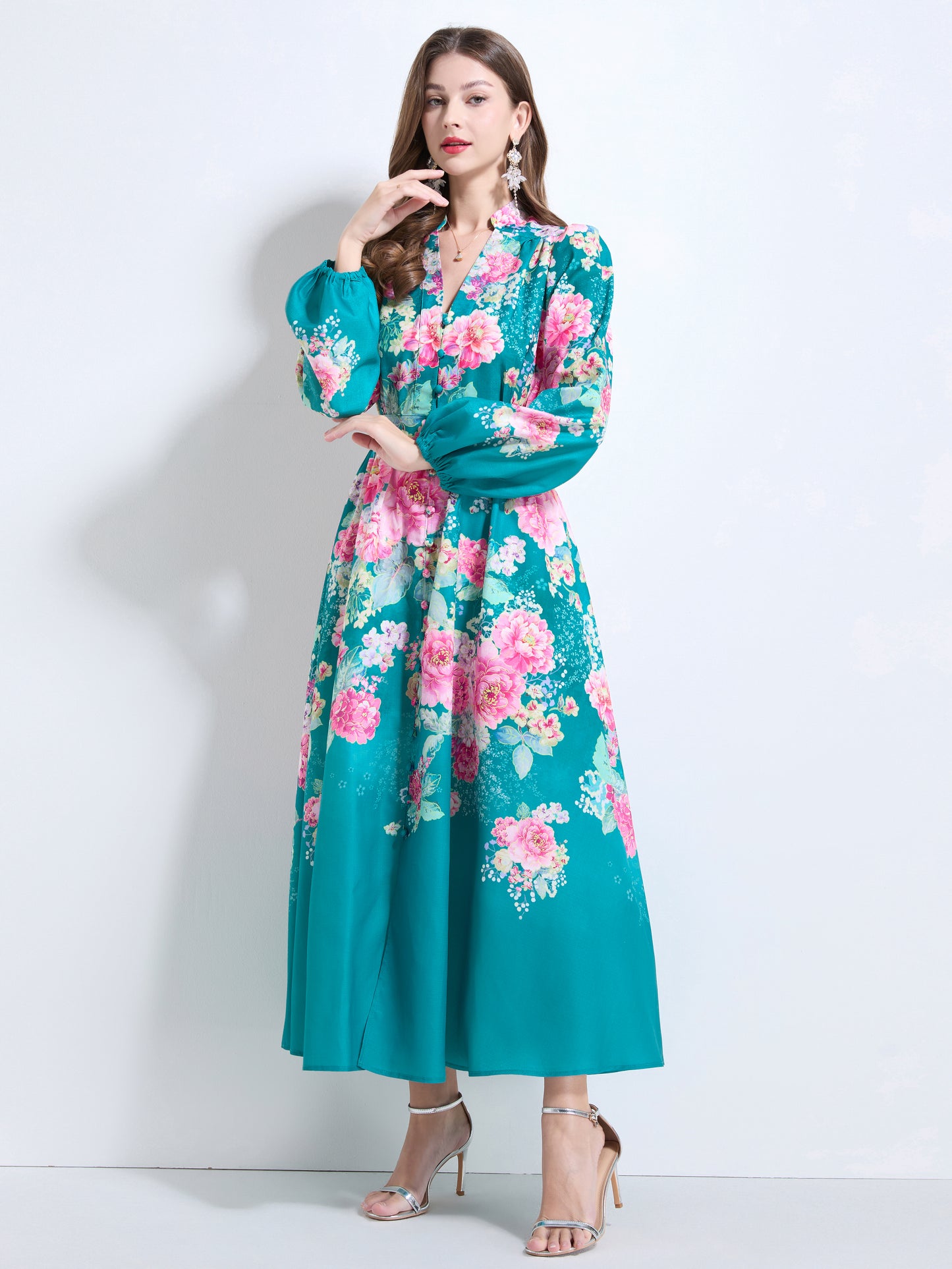 Women's Floral Print V-Neck Button up Slit Maxi Dress