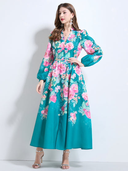 Women's Floral Print V-Neck Button up Slit Maxi Dress