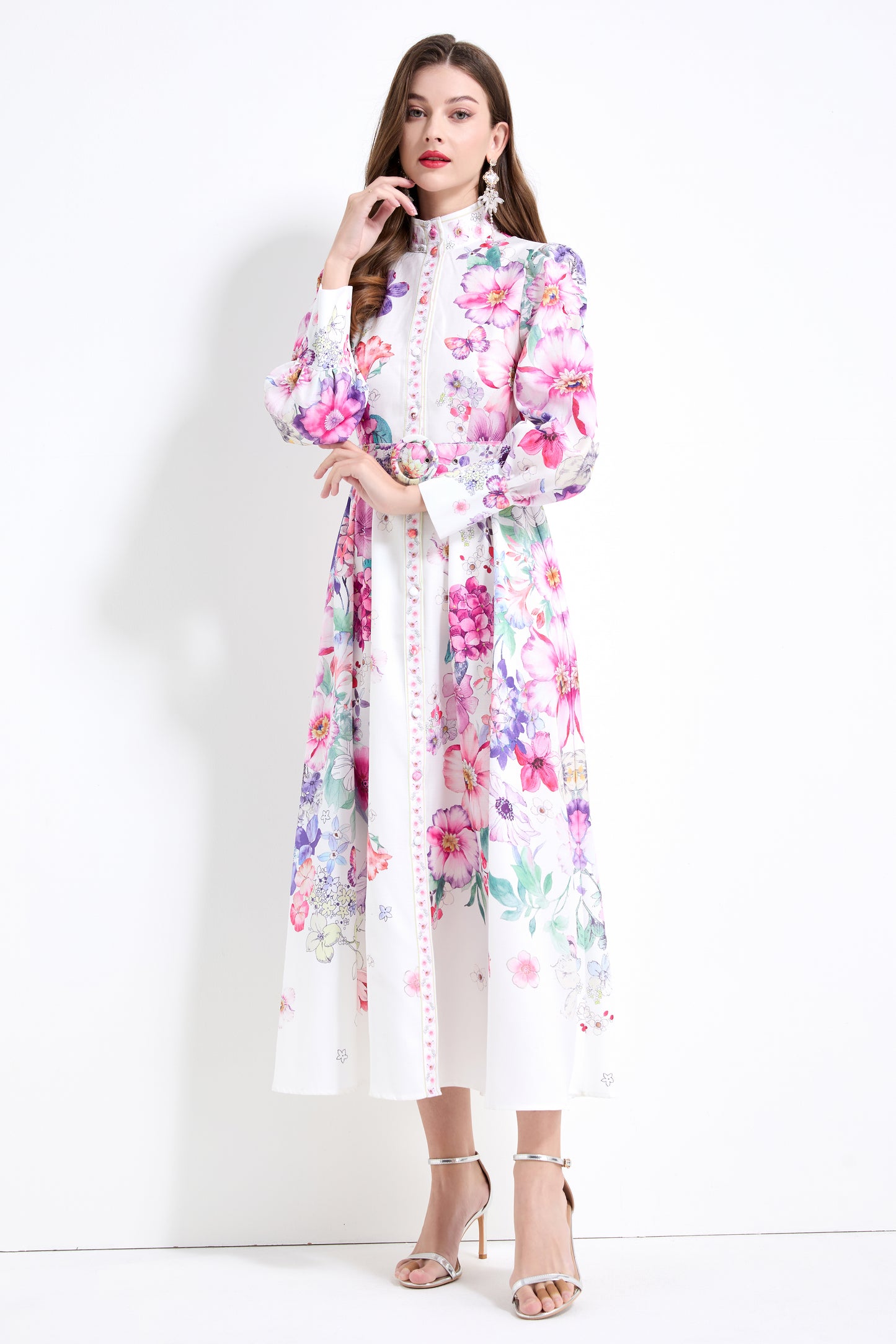 Women'S Floral Print Button Up Split Maxi Dress