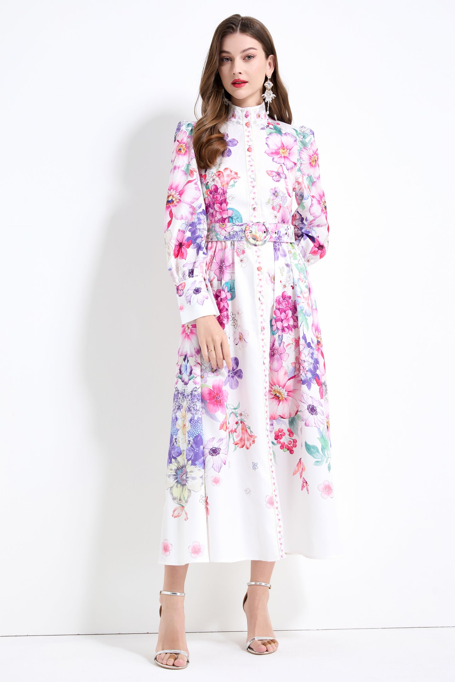 Women'S Floral Print Button Up Split Maxi Dress