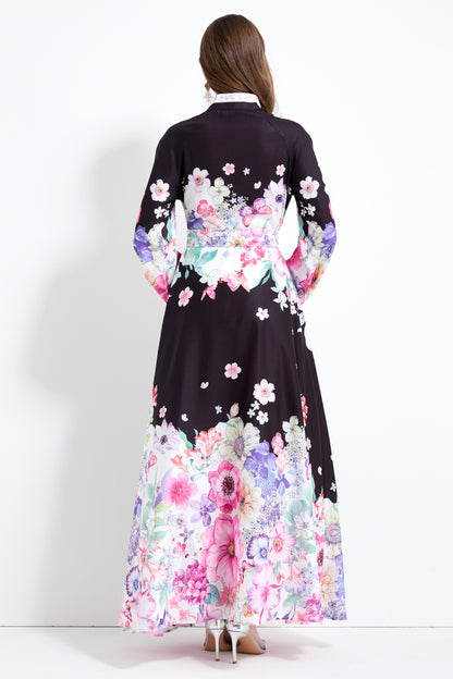 Women's Floral Print Puff Sleeve Split Maxi Dress