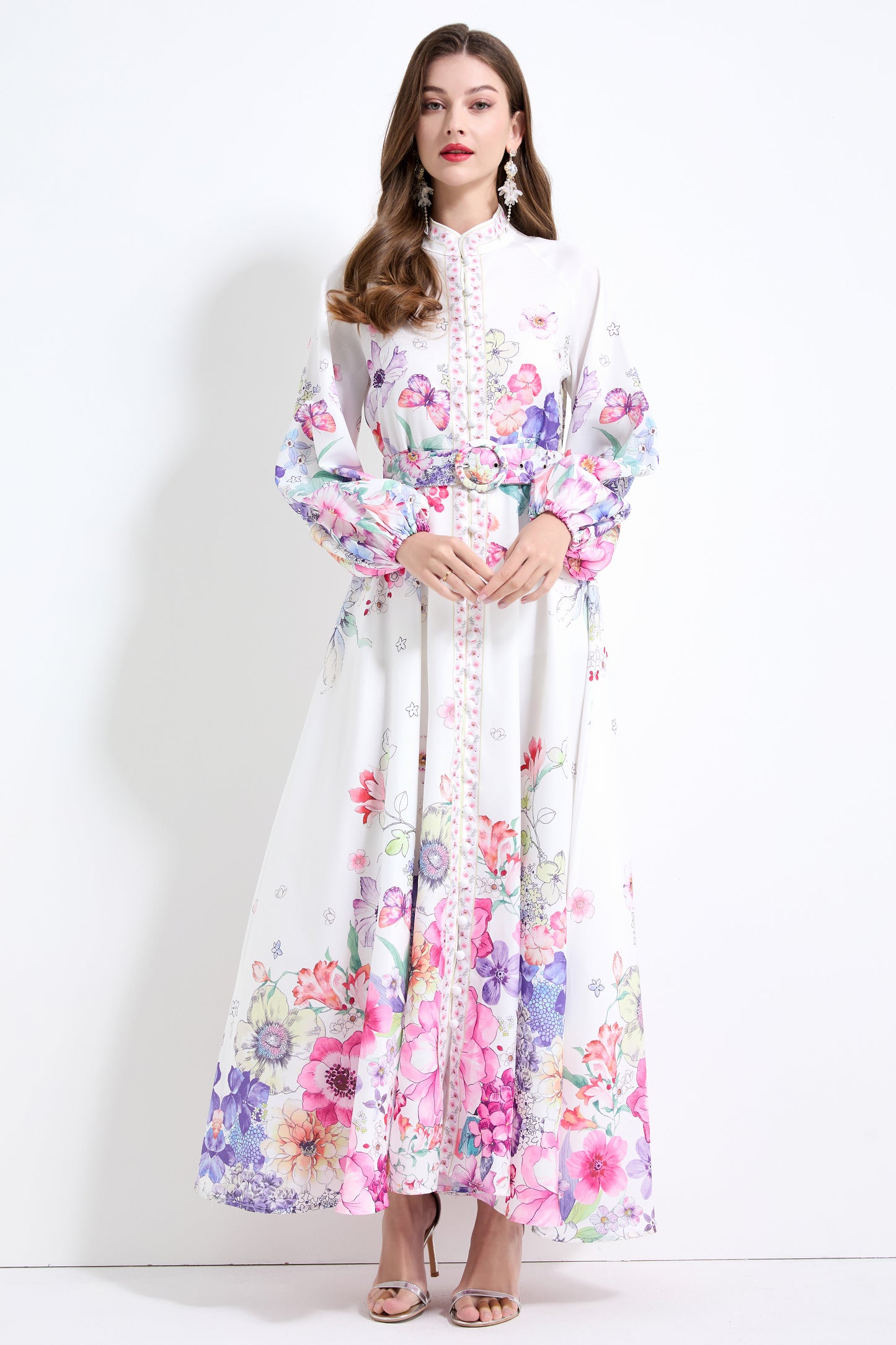 Women's Floral Print Puff Sleeve Split Maxi Dress