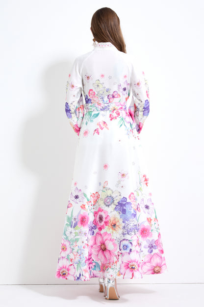 Women's Floral Print Puff Sleeve Split Maxi Dress