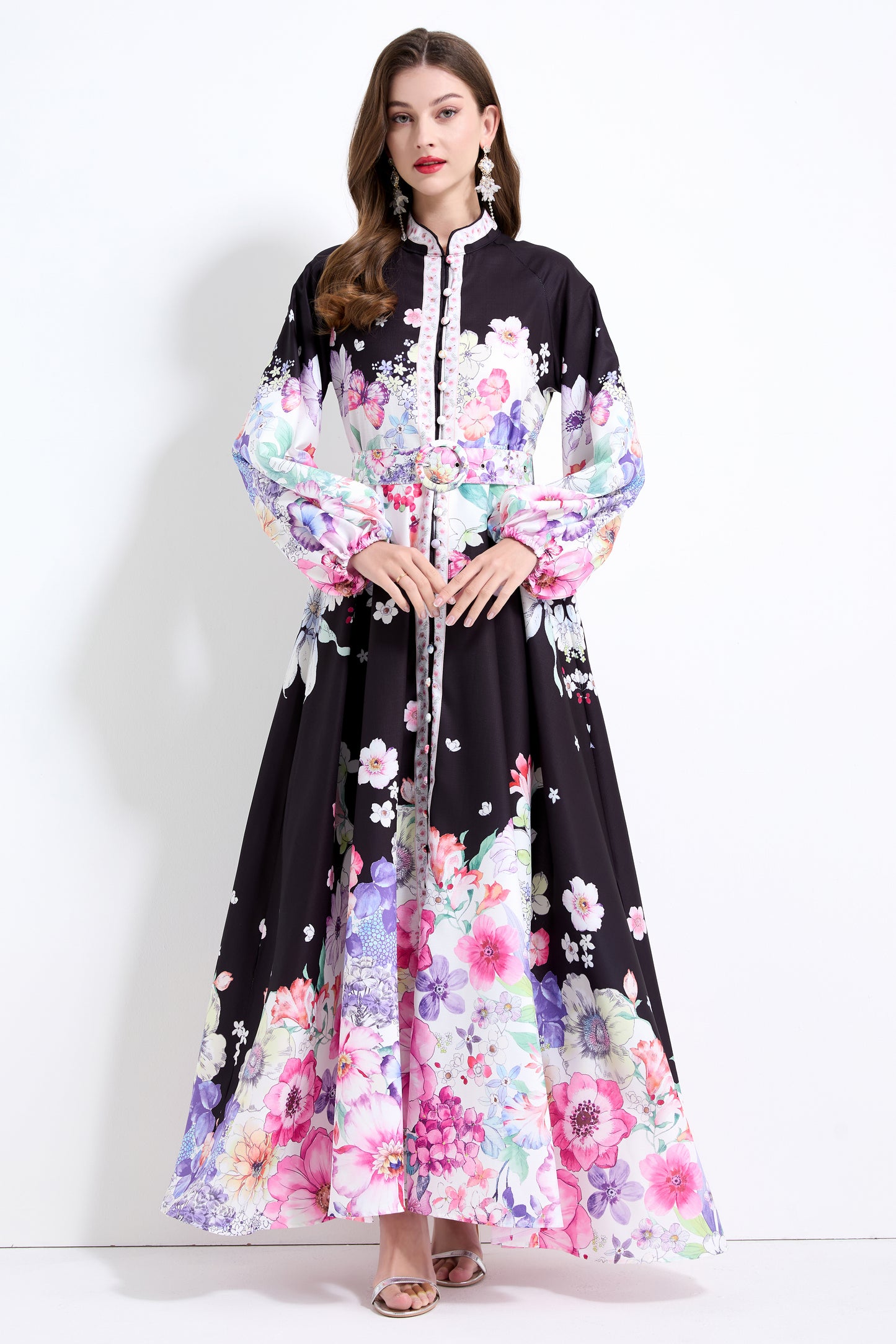 Women's Floral Print Puff Sleeve Split Maxi Dress