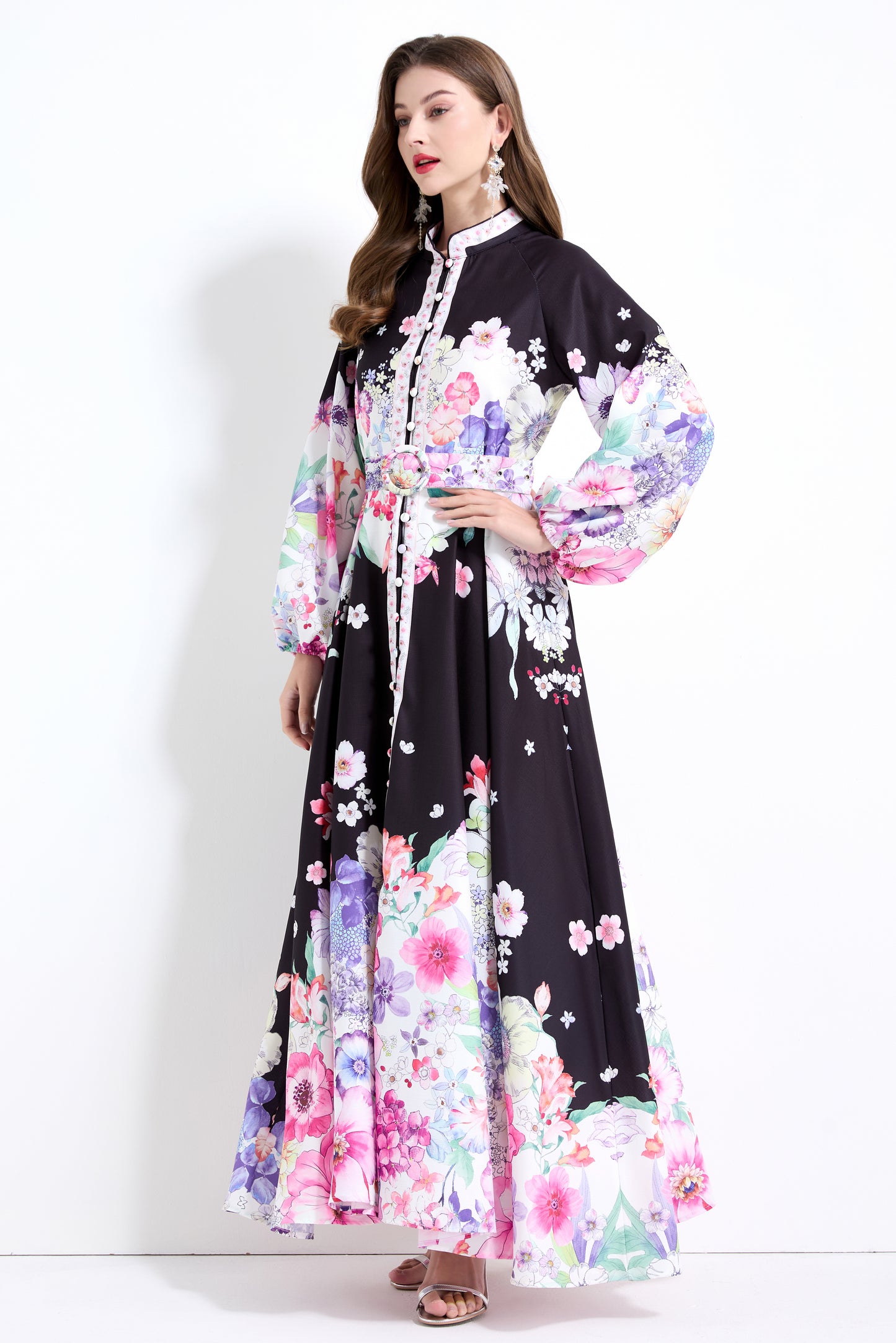 Women's Floral Print Puff Sleeve Split Maxi Dress