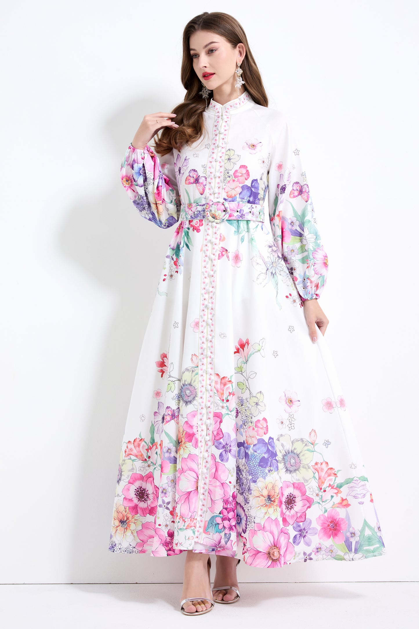 Women's Floral Print Puff Sleeve Split Maxi Dress