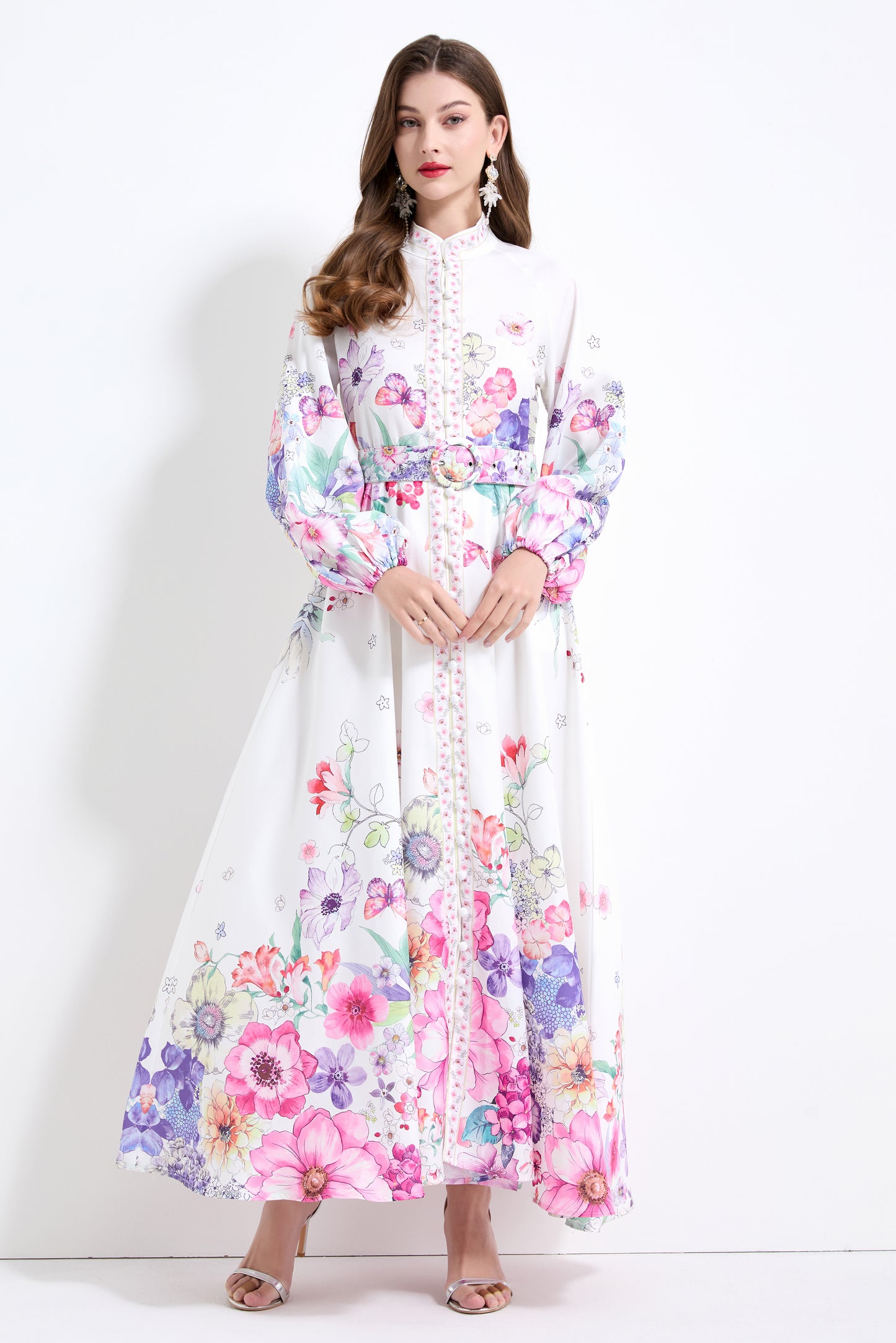 Women's Floral Print Puff Sleeve Split Maxi Dress