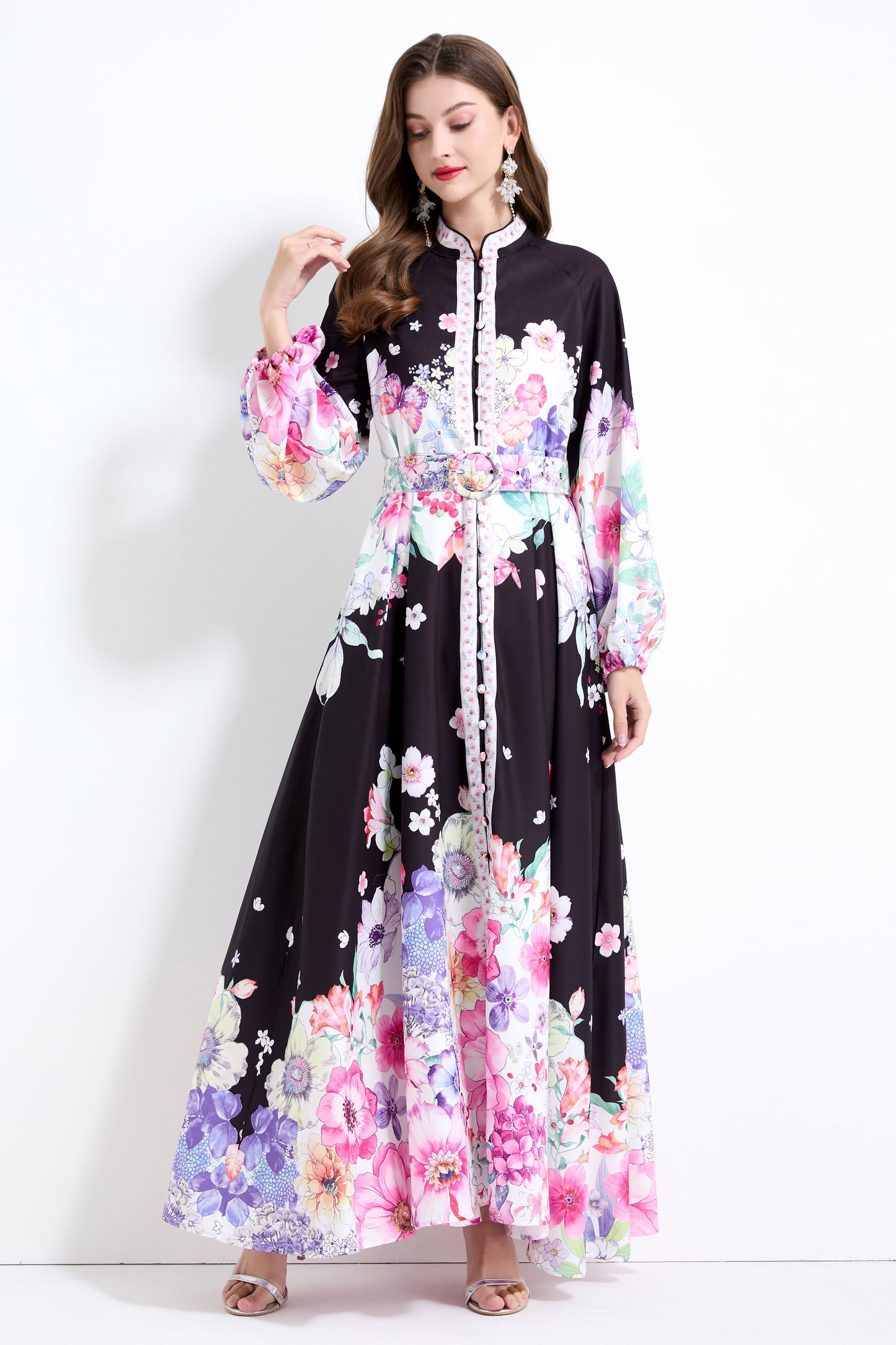 Women's Floral Print Puff Sleeve Split Maxi Dress