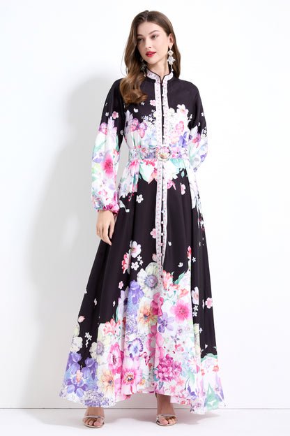 Women's Floral Print Puff Sleeve Split Maxi Dress