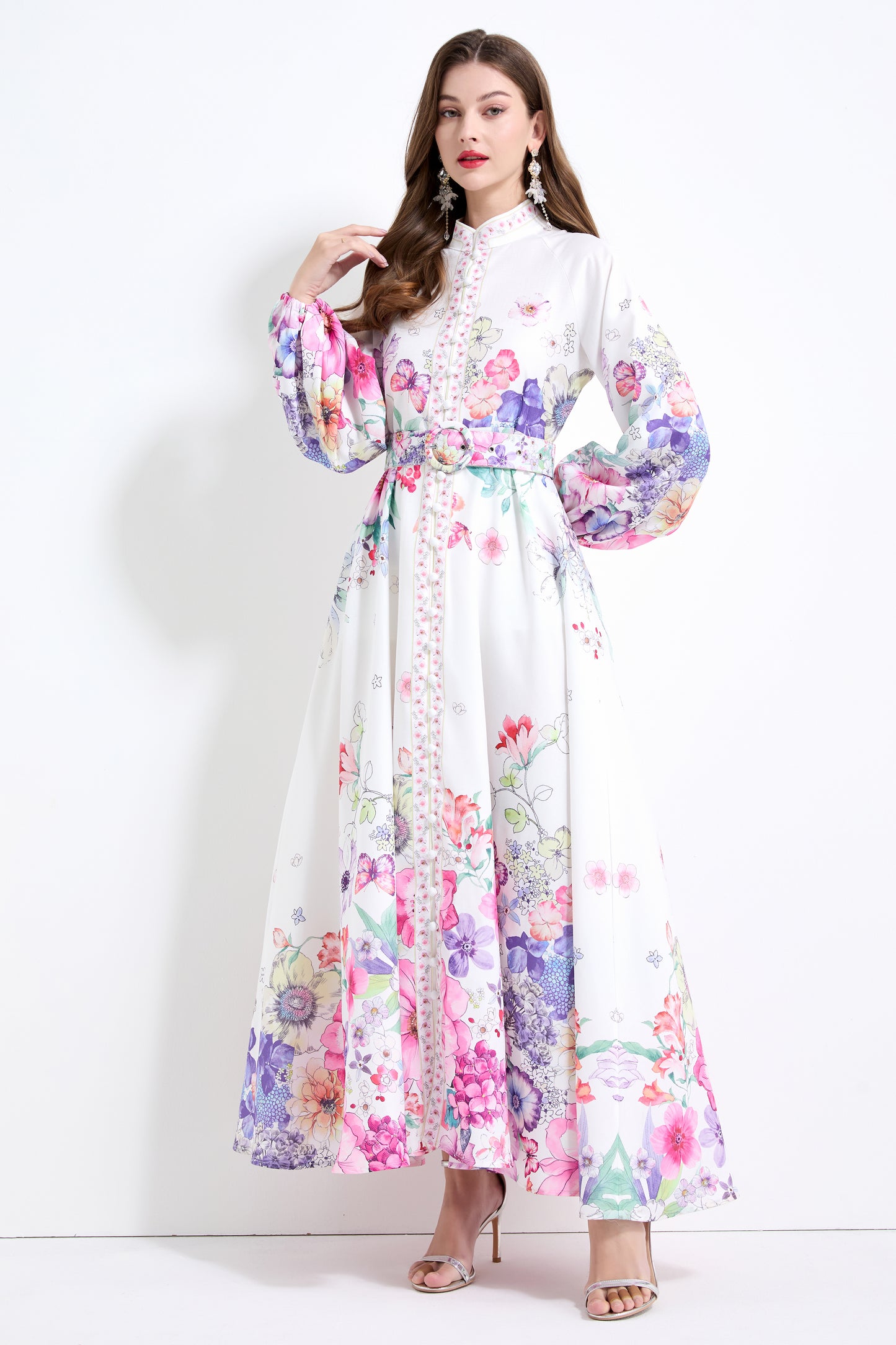 Women's Floral Print Puff Sleeve Split Maxi Dress