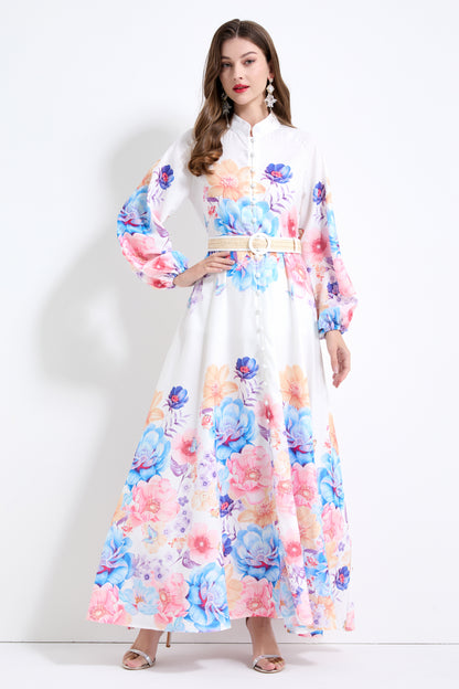 Women's Floral Print Puff Sleeve Split Maxi Dress