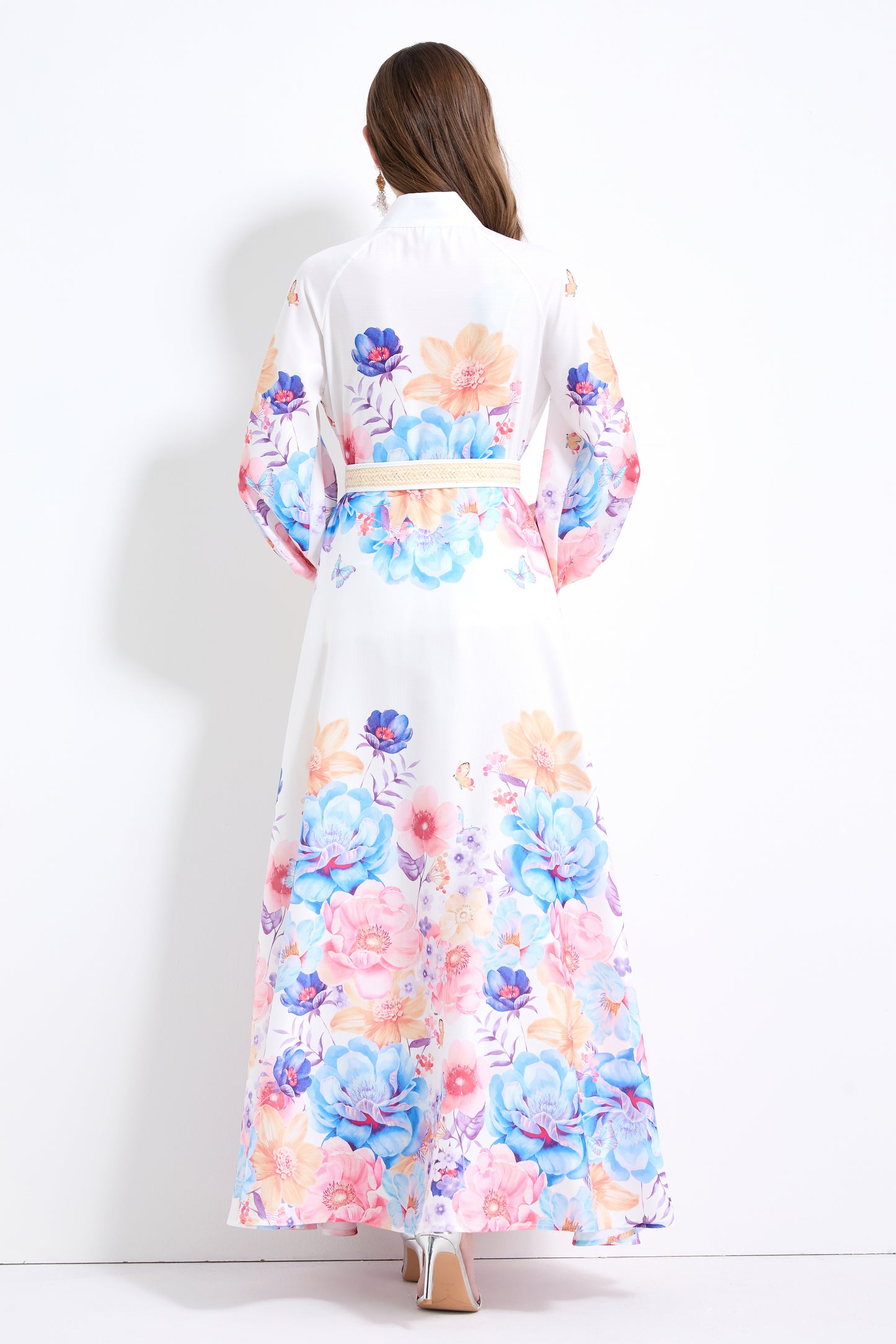 Women's Floral Print Puff Sleeve Split Maxi Dress