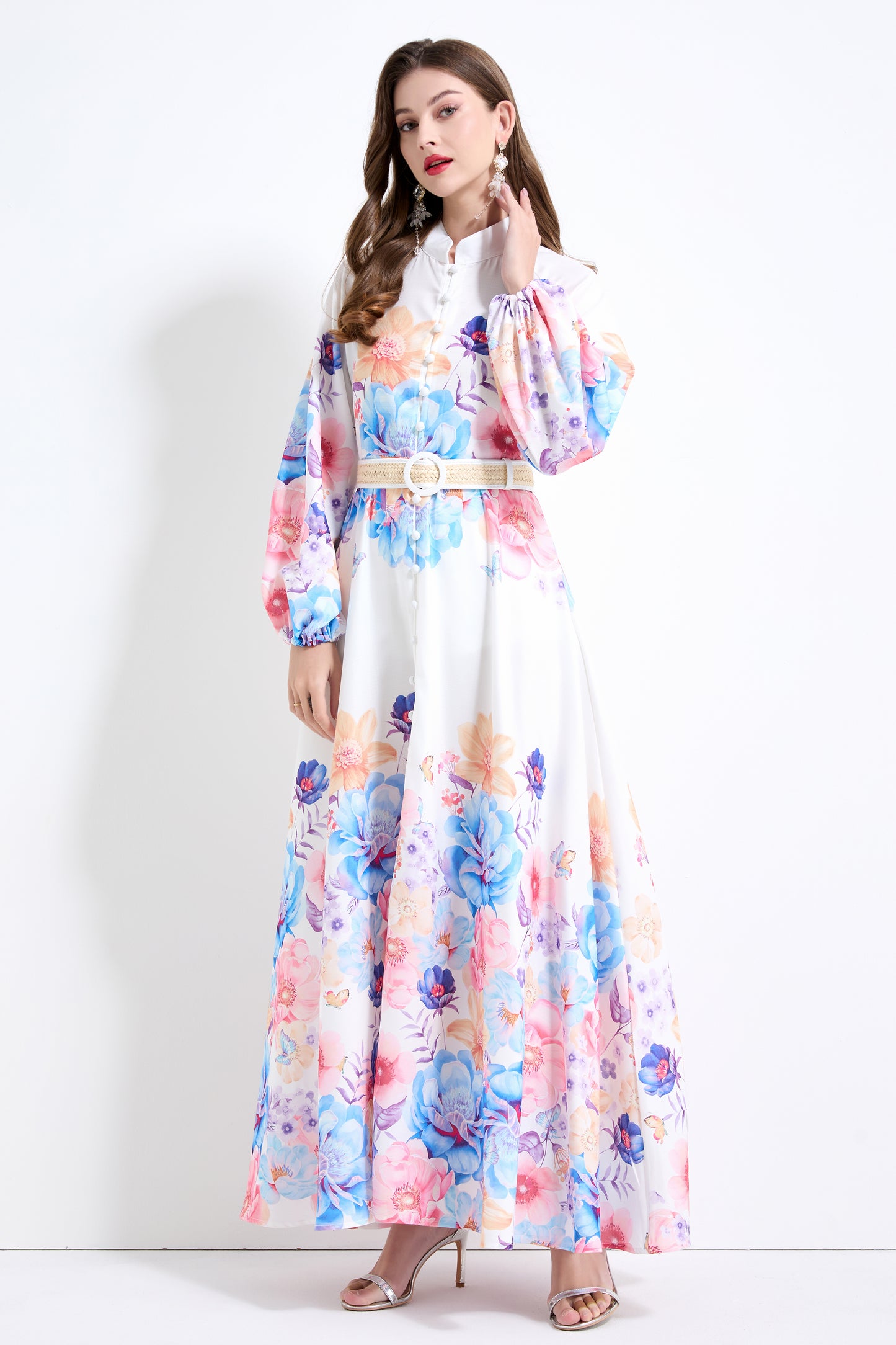 Women's Floral Print Puff Sleeve Split Maxi Dress