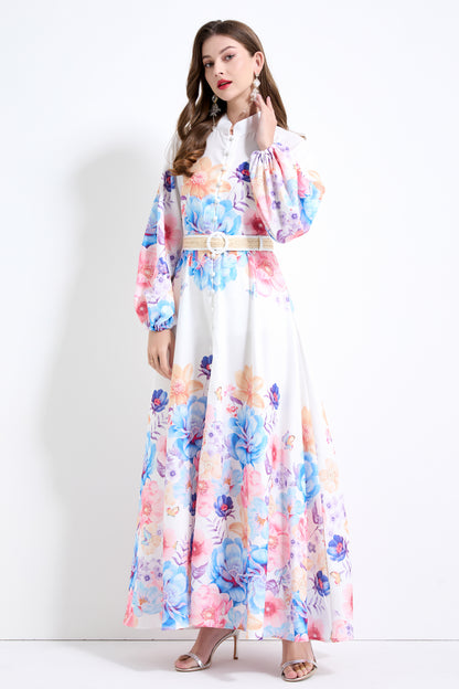 Women's Floral Print Puff Sleeve Split Maxi Dress