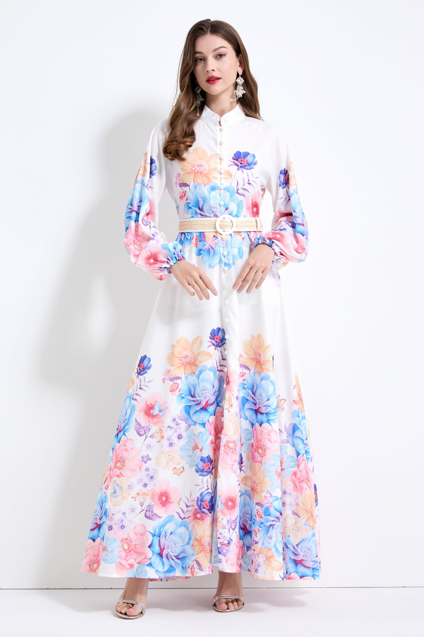 Women's Floral Print Puff Sleeve Split Maxi Dress