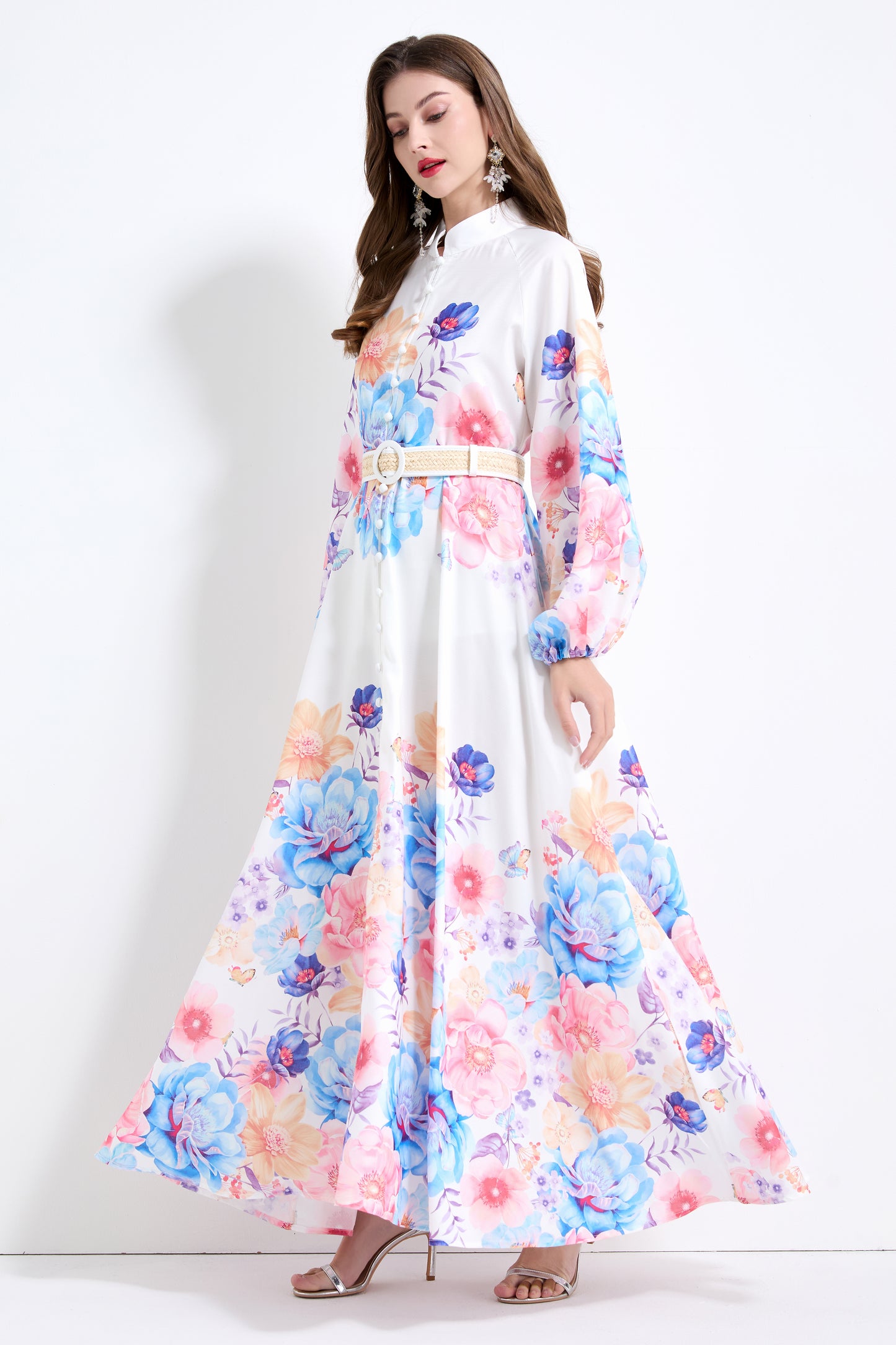 Women's Floral Print Puff Sleeve Split Maxi Dress