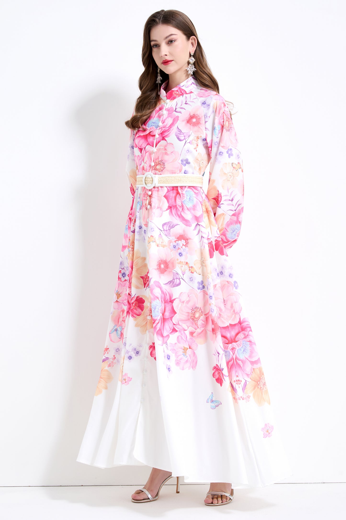 Women's Floral Print Puff Sleeve Split Maxi Dress