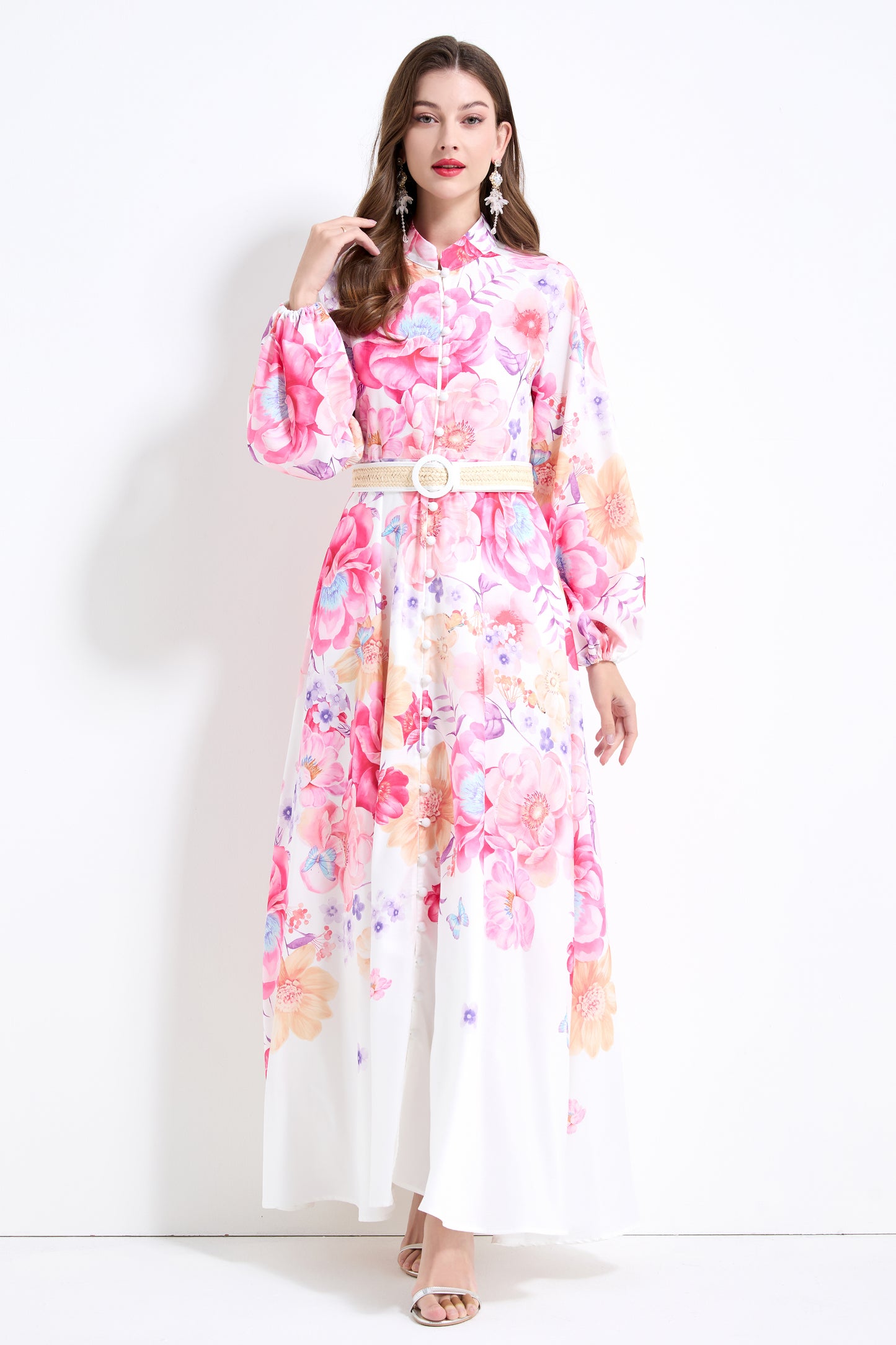 Women's Floral Print Puff Sleeve Split Maxi Dress