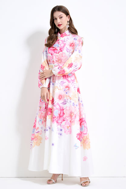 Women's Floral Print Puff Sleeve Split Maxi Dress