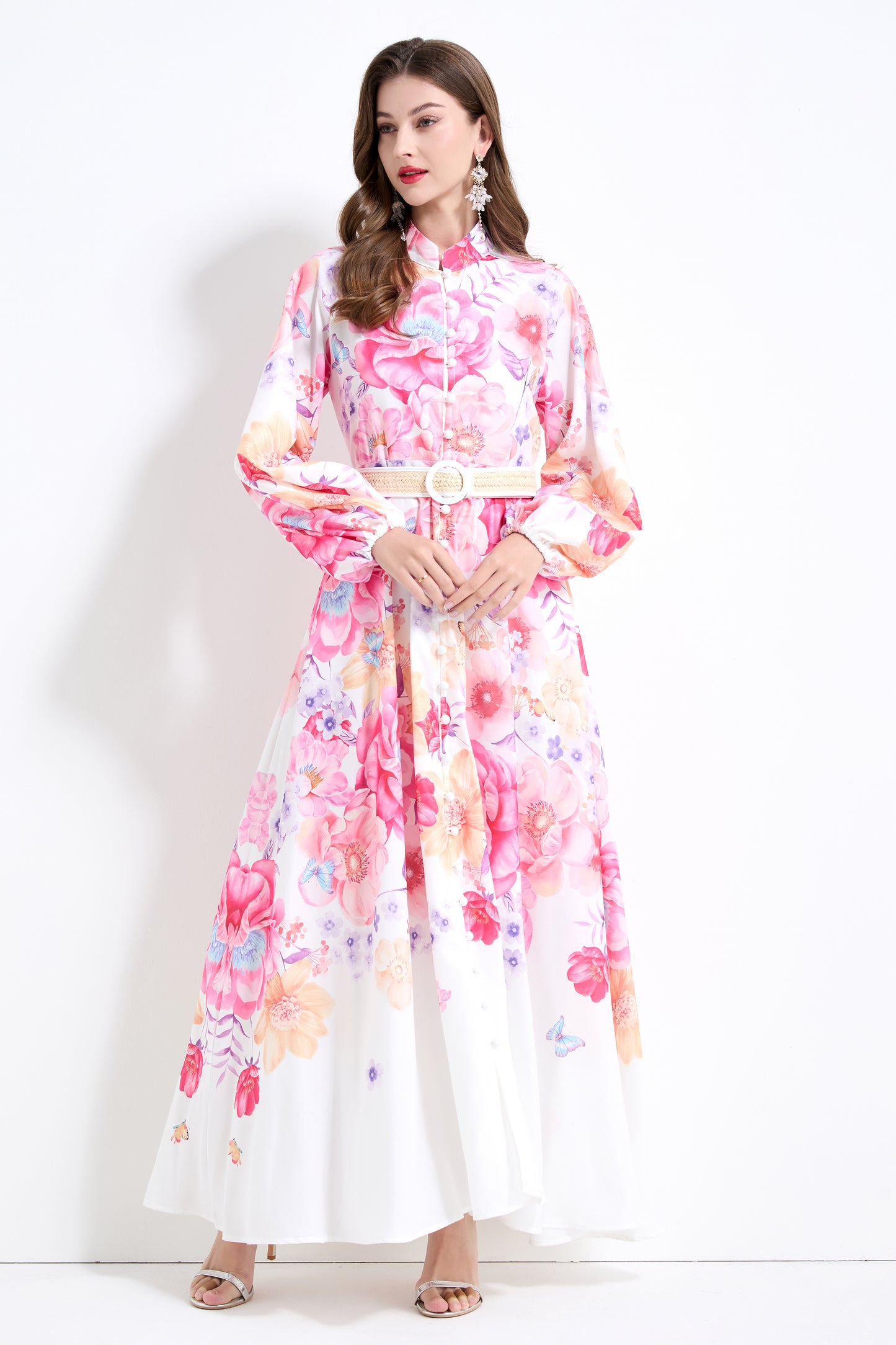 Women's Floral Print Puff Sleeve Split Maxi Dress