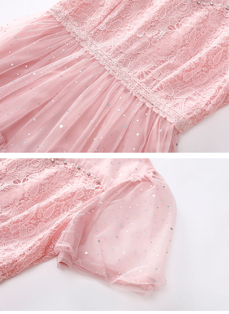 Pink Sheer Sleeves Lace Tiered Tulle Midi Dress
