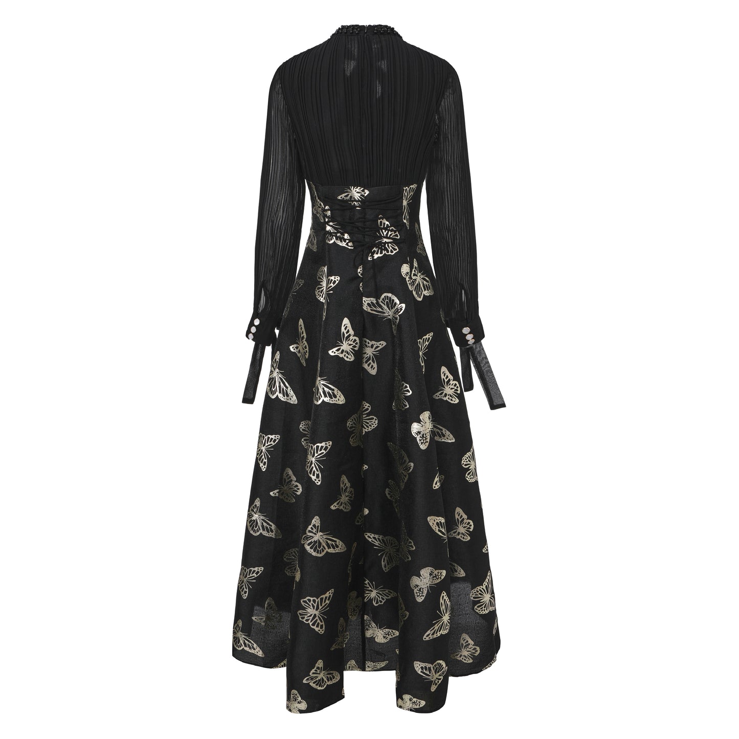 Women's Tie-neck Pleated Top Satin Gilded Party Long Dress - LAI MENG FIVE CATS